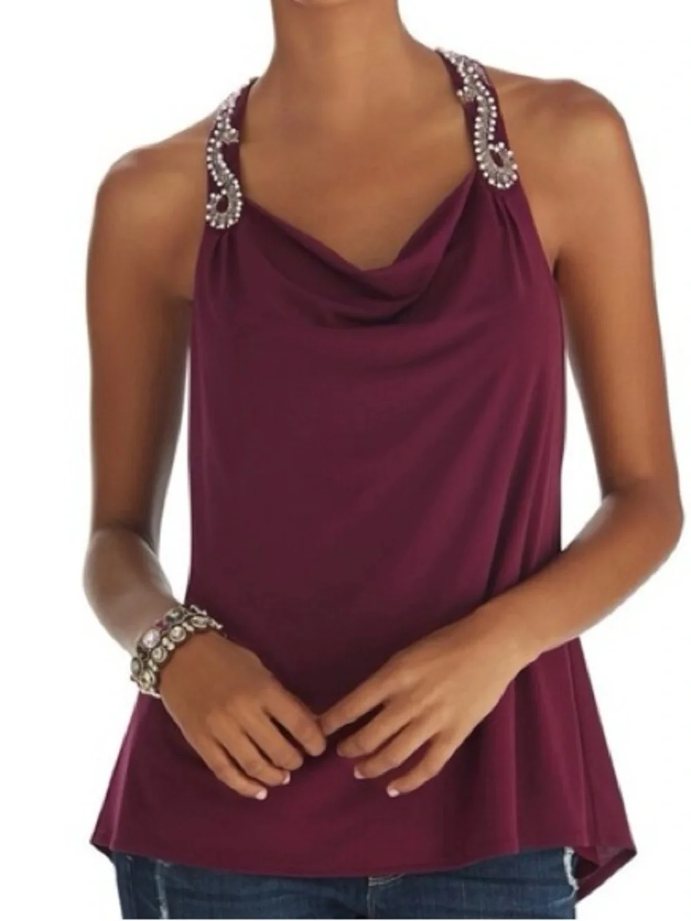 WHBM Burgundy Embellished Razorback blouse. Size S. - Picture 1 of 9